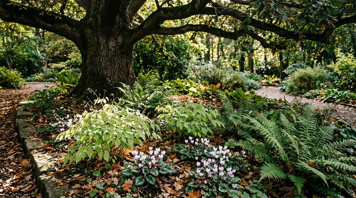 Shade border under a large oak tree planted with epimedium, cyclamen, and ferns in dappled light