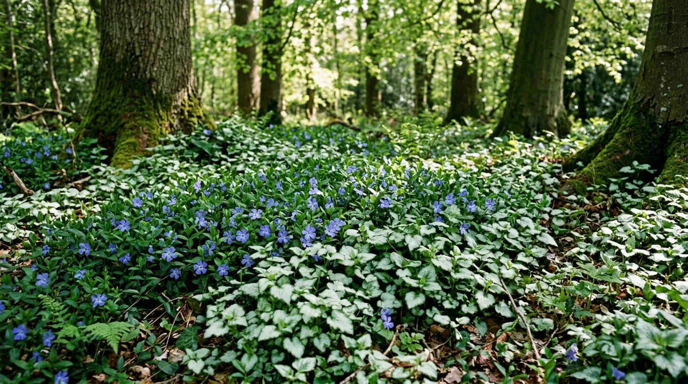 Shade ground cover plants filling a shady area beneath trees with vinca and lamium creating a carpet effect