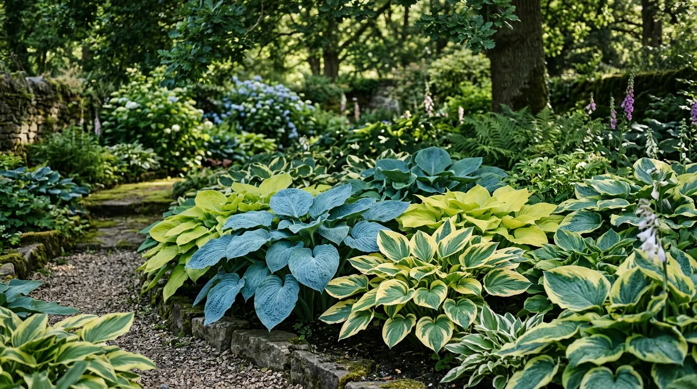 Mature hosta collection in a shaded border showing blue, gold, and variegated leaf varieties