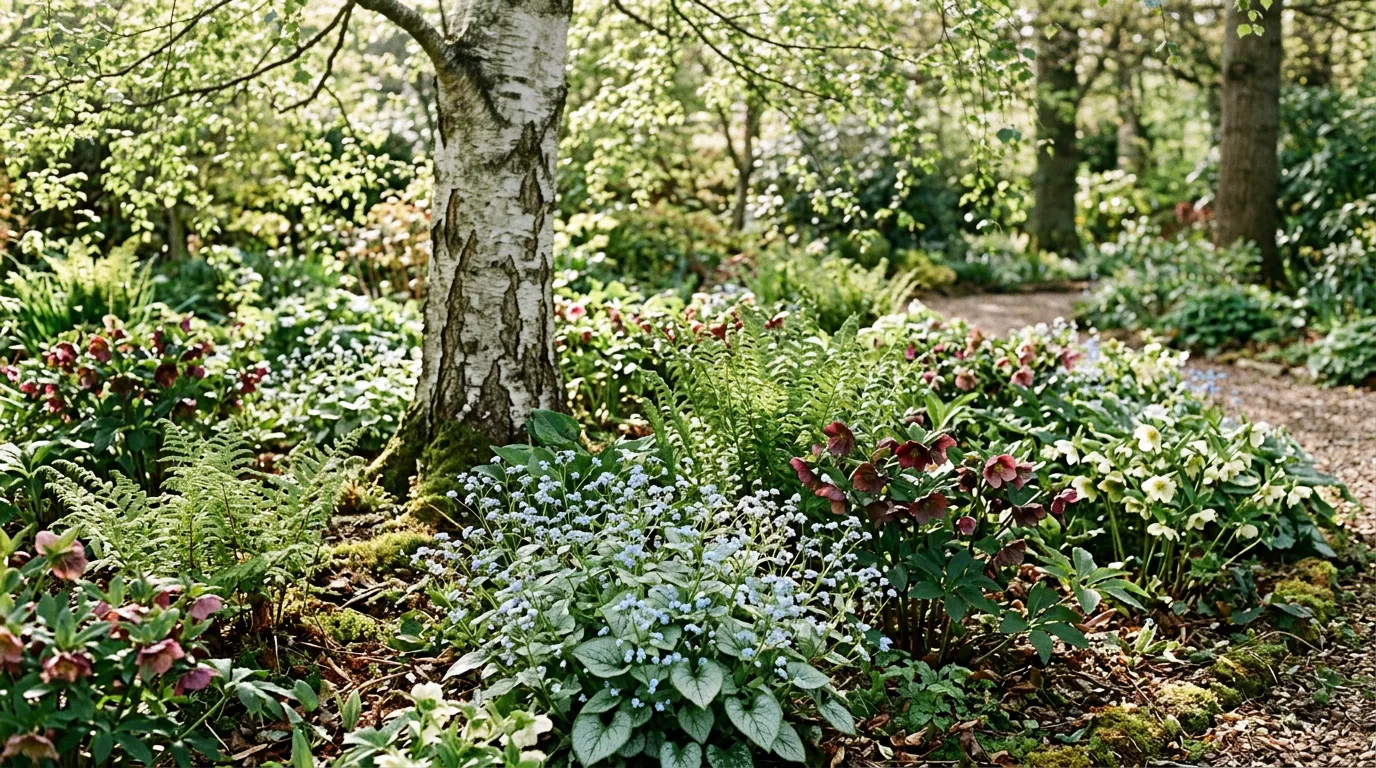 Woodland shade border with ferns, brunnera, and hellebores under a birch tree canopy