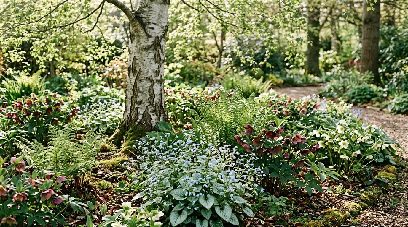 Woodland shade border with ferns, brunnera, and hellebores under a birch tree canopy