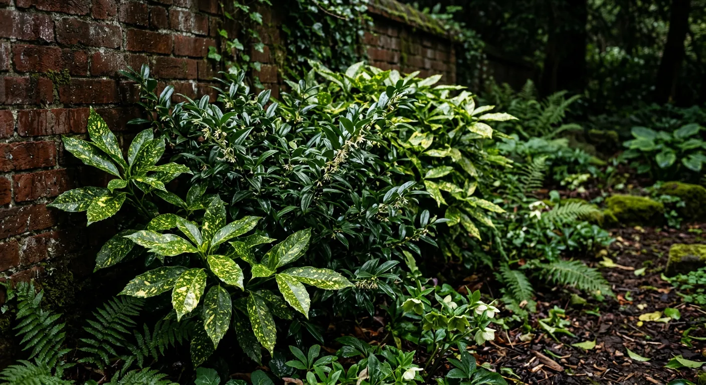 Best shrubs for shade UK with Aucuba japonica and Sarcococca growing in a dark north-facing border