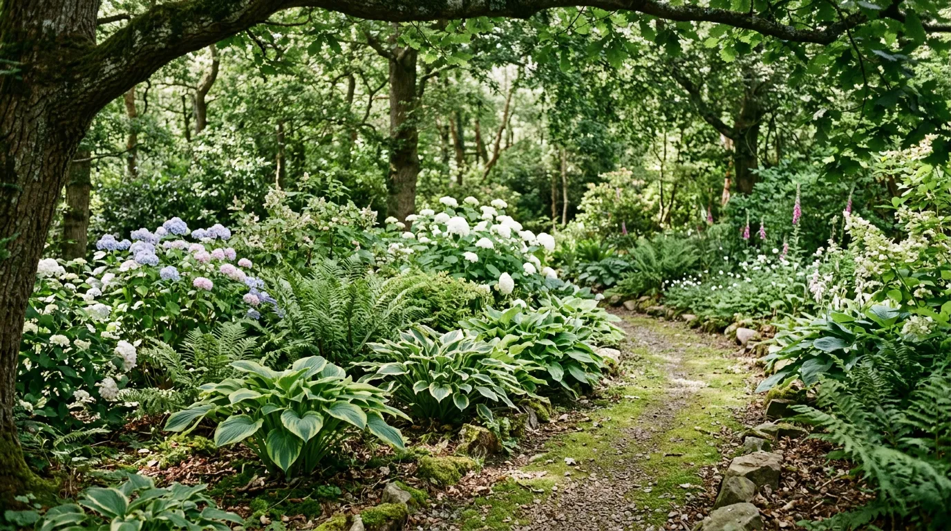 Best shrubs for shade UK growing in a woodland border with dappled light filtering through mature trees