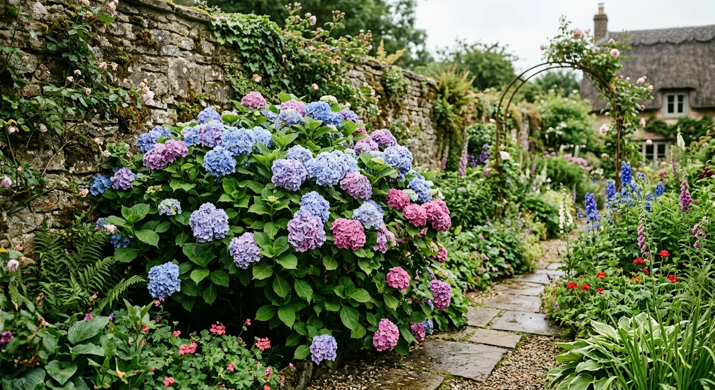 Best shrubs for shade UK with a hydrangea flowering in partial shade beside a stone wall
