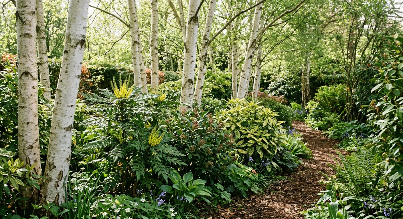 Best shrubs for shade UK growing in a woodland border beneath birch trees