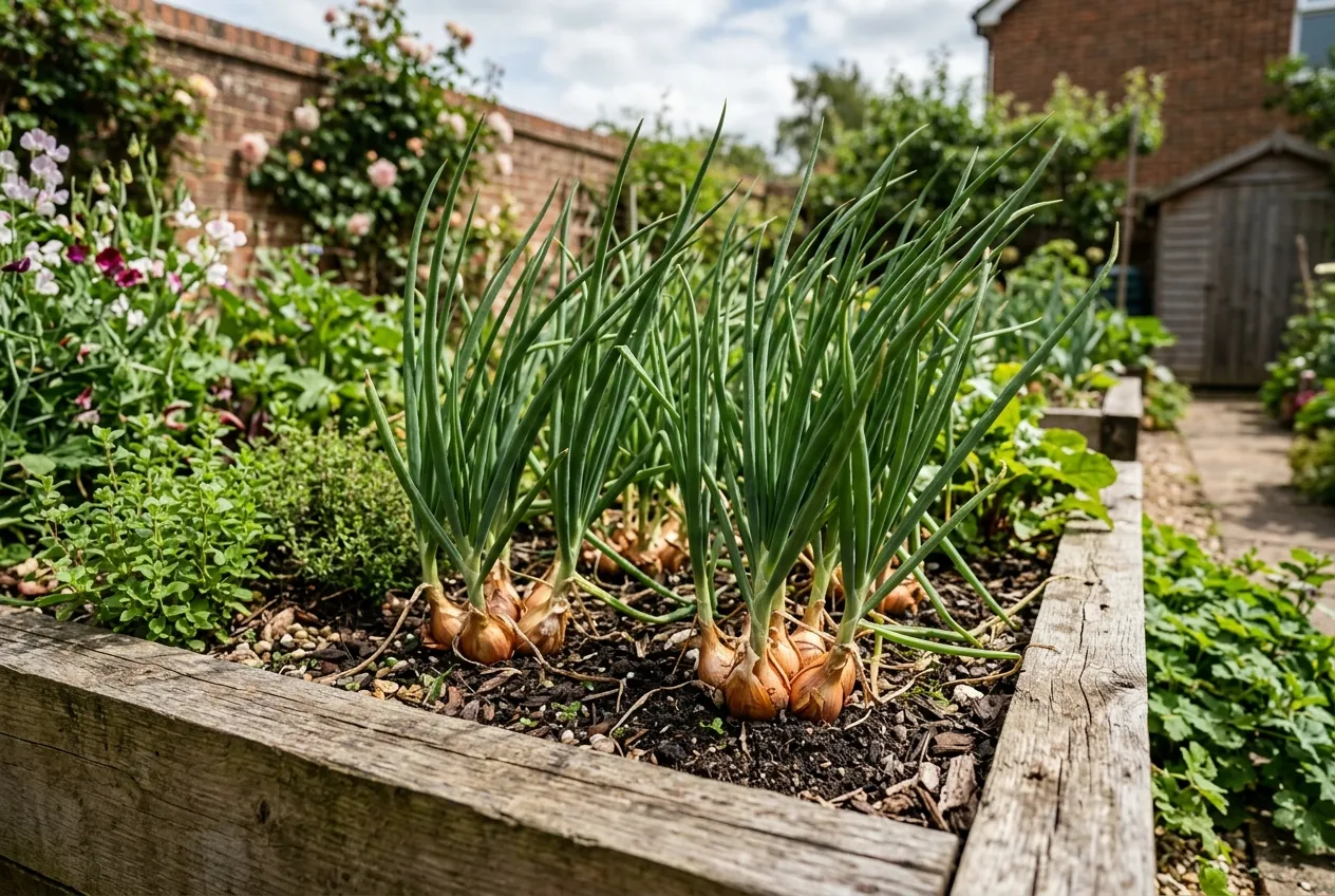 Shallots growing in a raised bed in a suburban UK garden with visible bulb clusters