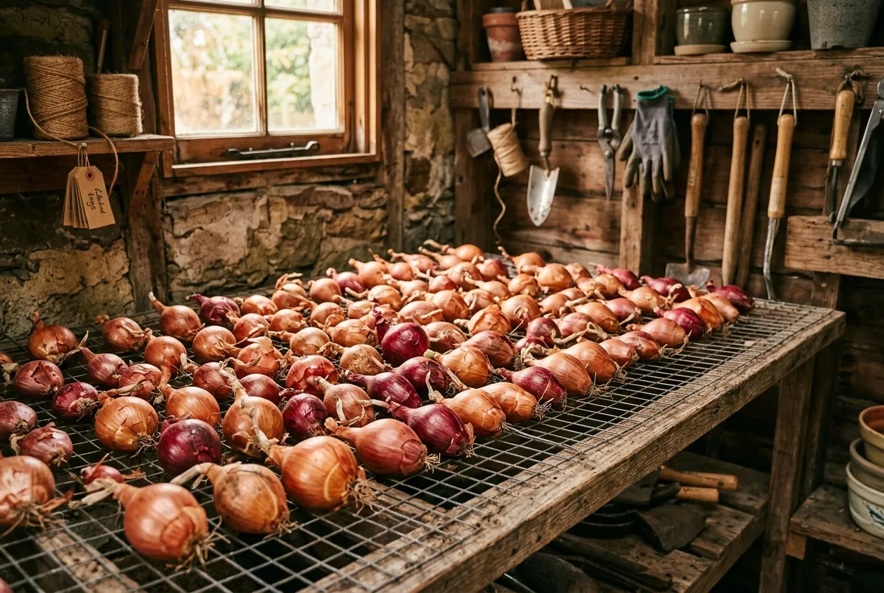 Freshly harvested shallots curing on a wire rack in a garden shed