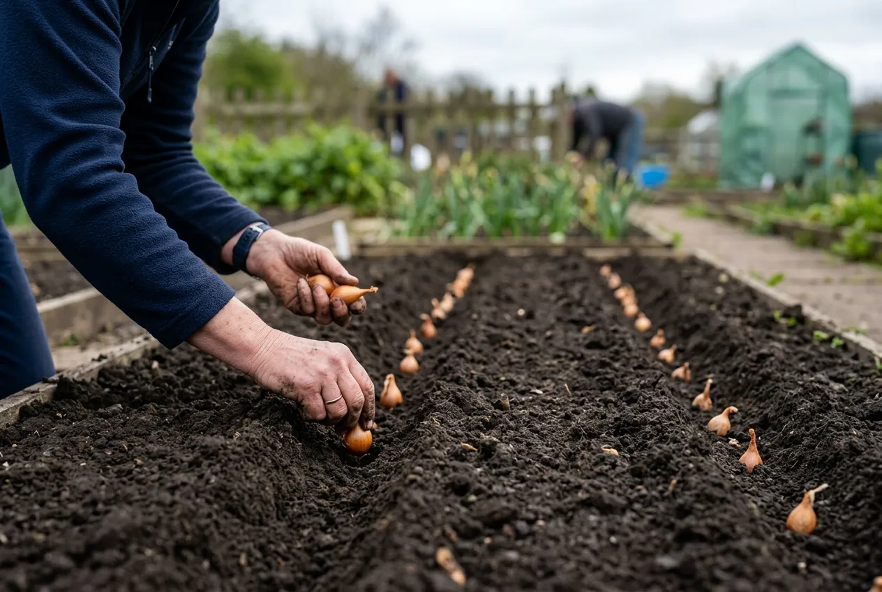Shallot sets being planted in neat rows at a UK allotment in early spring