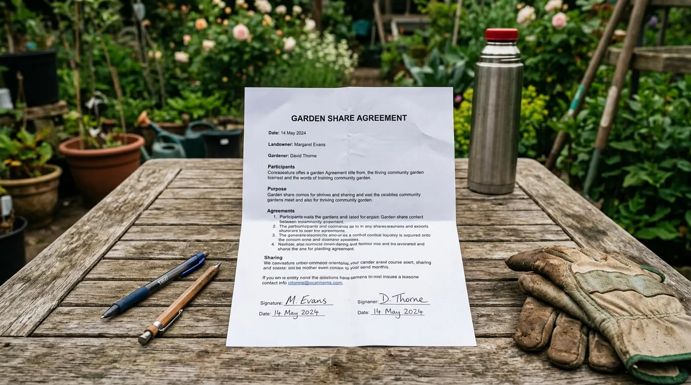 Printed one-page garden share agreement on a wooden garden table with two pens, garden gloves and a thermos of tea visible