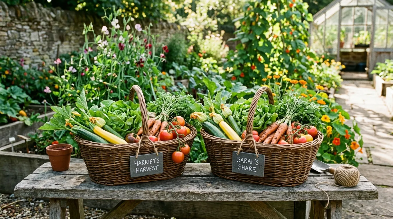 Two wicker garden trugs side by side on a wooden garden bench, each loaded with the same produce (lettuce, courgettes, carrots, tomatoes), one labelled for the owner and one for the sharer