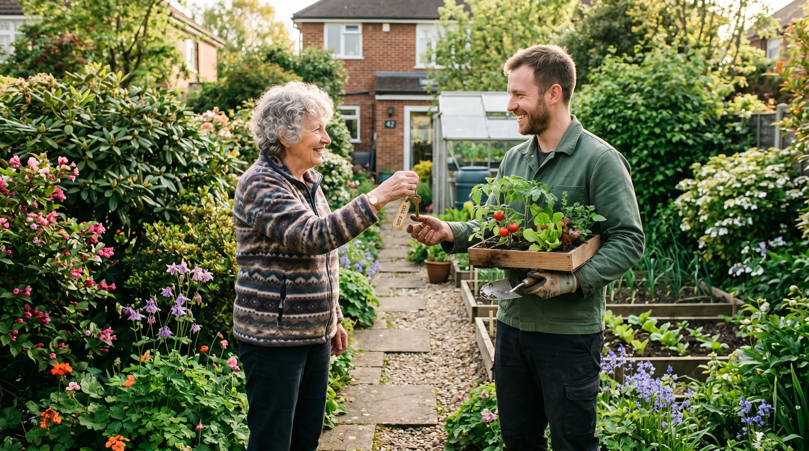 Older garden owner handing a side-gate key to a younger grower holding seedlings in a suburban UK back garden, late spring afternoon