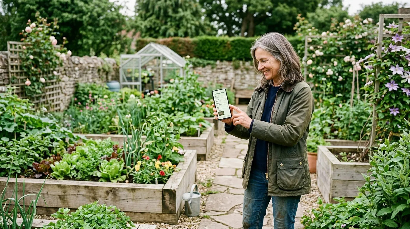UK gardener photographing a back garden on a smartphone to create a listing on a garden-share app, raised beds in soft background