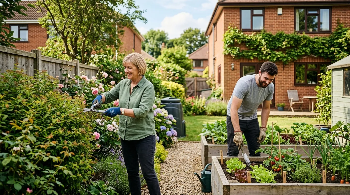 UK back garden owner and grower working together, owner pruning a shrub, sharer tending raised vegetable beds, both wearing garden gloves on a sunny afternoon