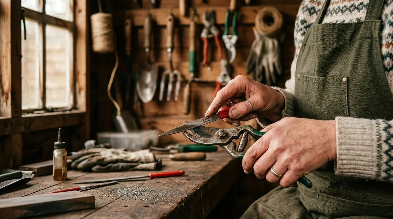 Gardener sharpening bypass secateurs with a diamond file on a workbench in a UK garden shed