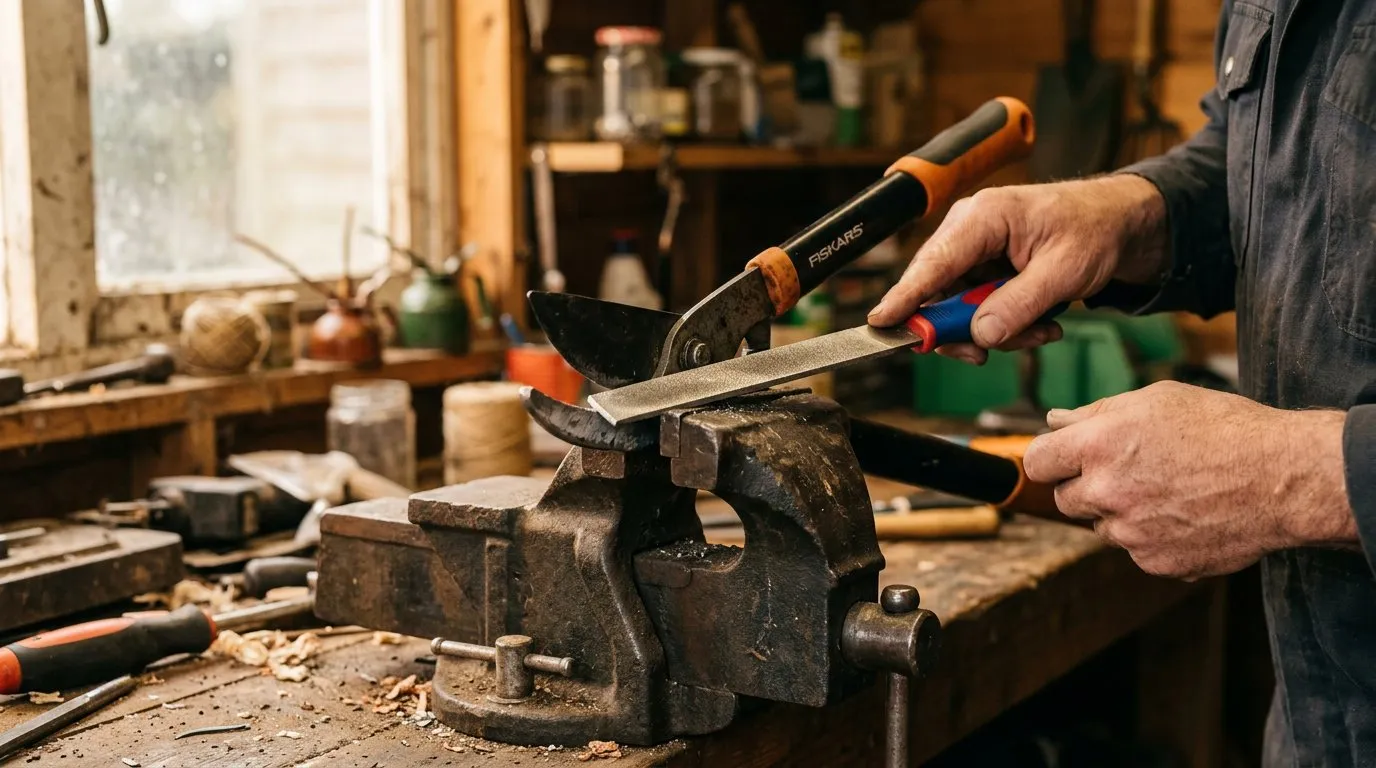 Close-up of a diamond sharpening file being drawn along a lopper blade clamped in a bench vice