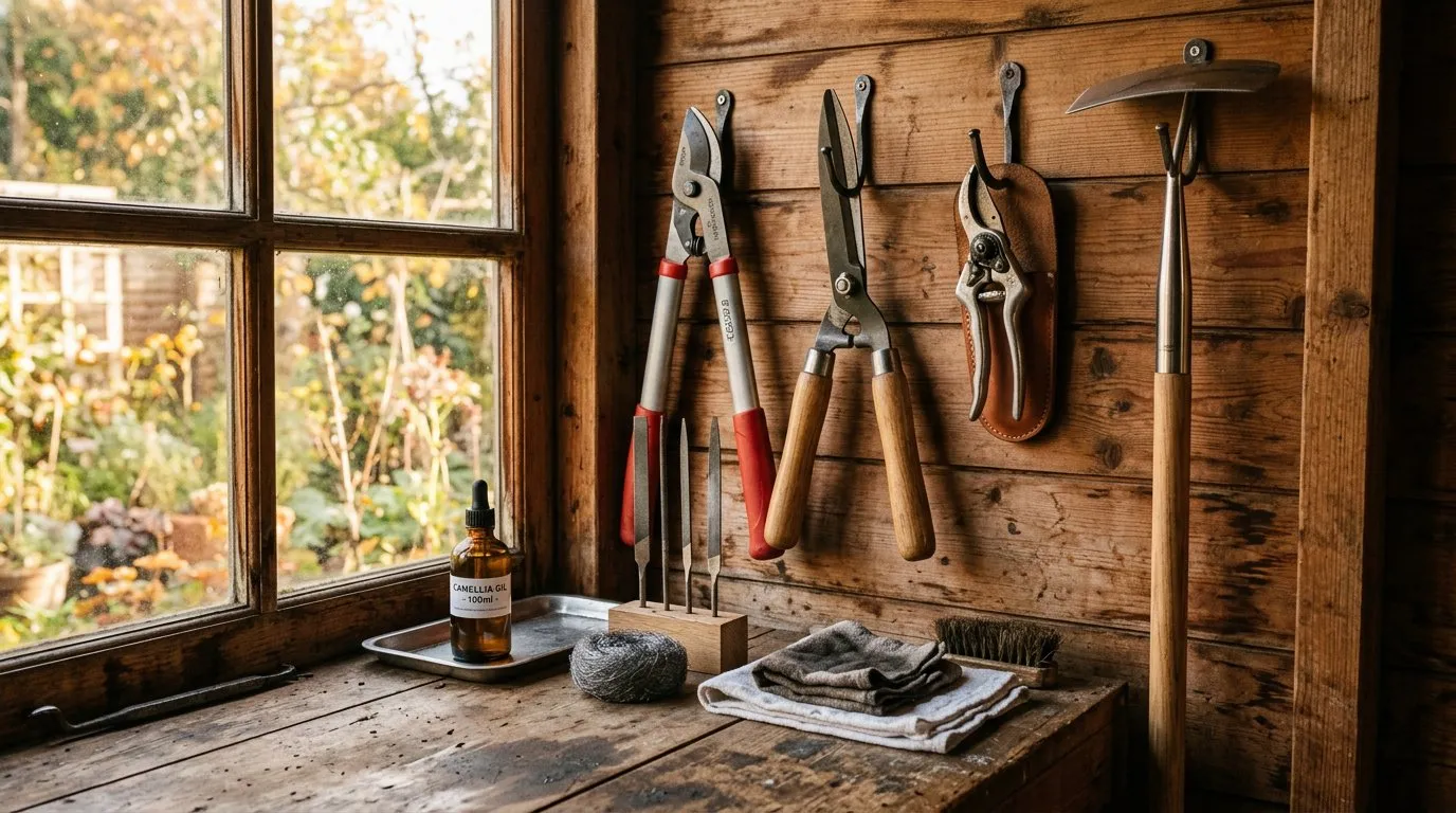 Garden tools hanging on a shed wall with oil, files, and cleaning cloths on a workbench below