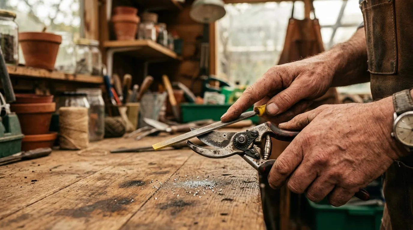Close-up of bypass secateurs being sharpened with a diamond file on a wooden workbench