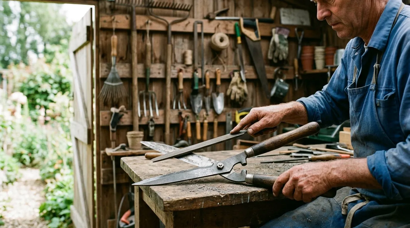 Hedge shears being sharpened with a mill file on a garden workbench