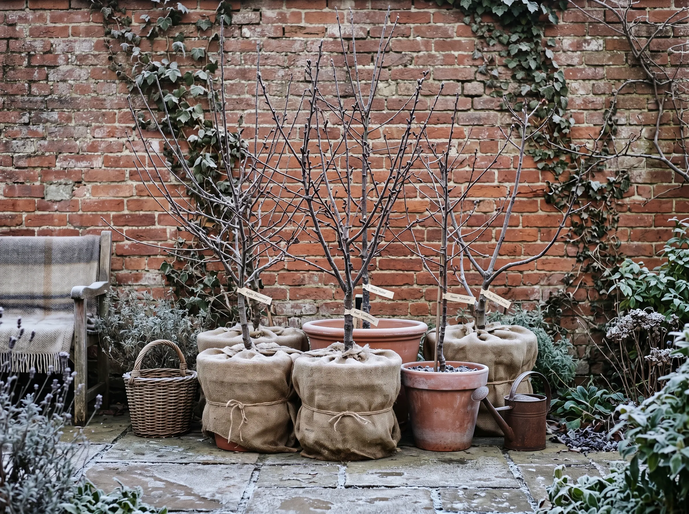 UK winter garden scene showing 5 potted fruit trees grouped tightly together against a south-facing brick wall, the wall taking up the background, all pots wrapped in hessian, light frost on the surrounding patio, low winter sunlight