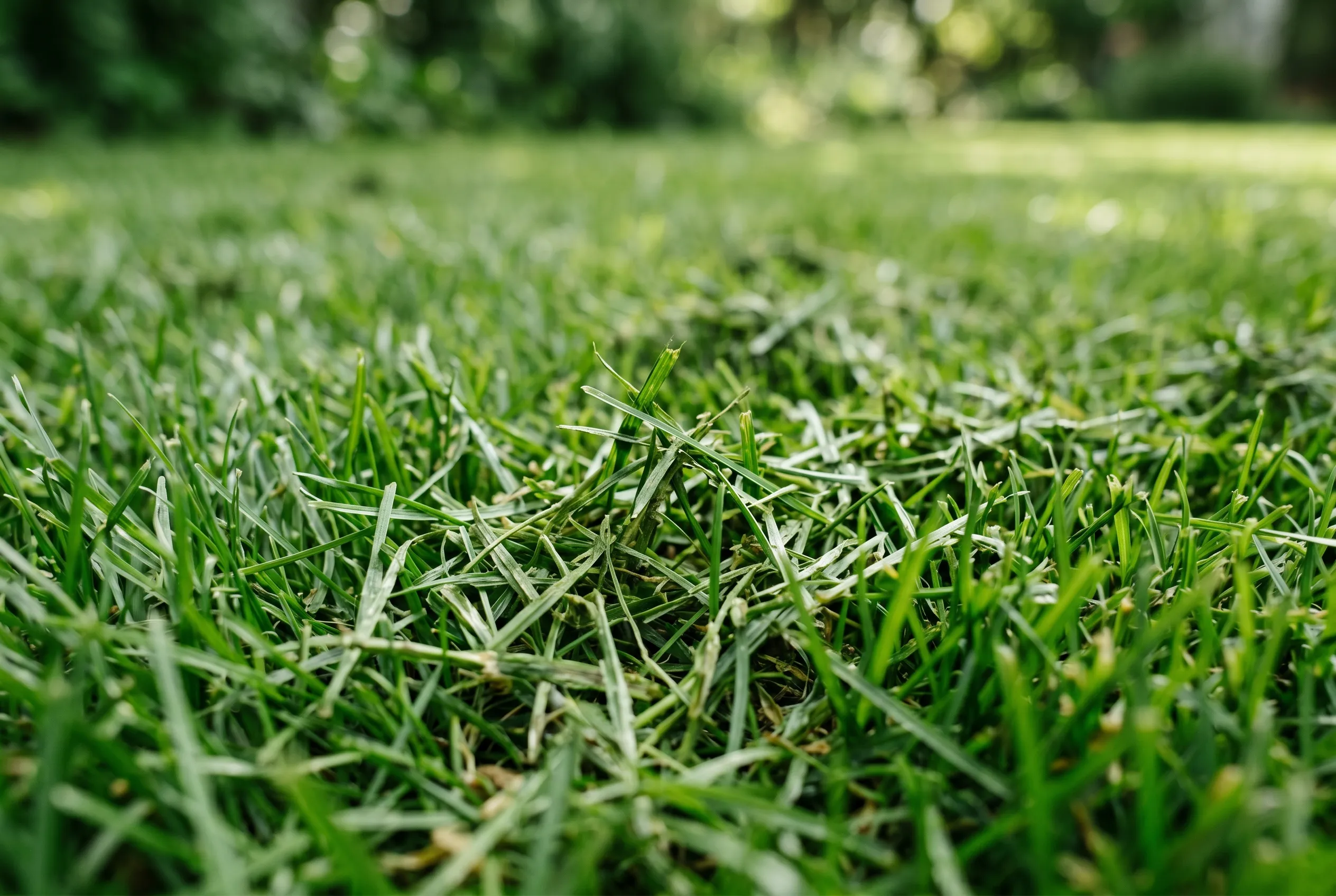 Fine grass clippings left on a green lawn as a moisture-saving mulch after mowing