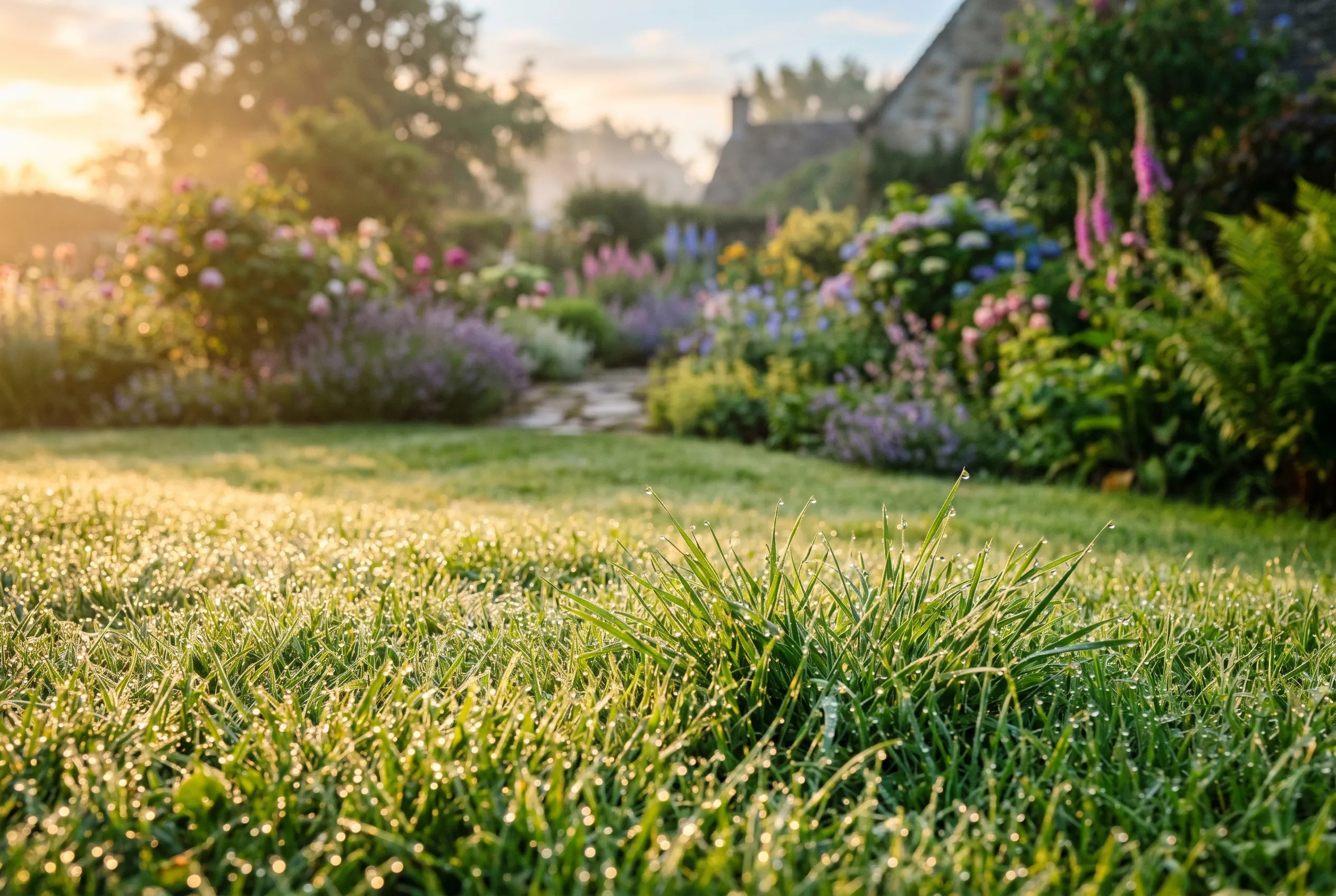 A UK lawn at dawn with dew drops on lush green grass catching soft golden light