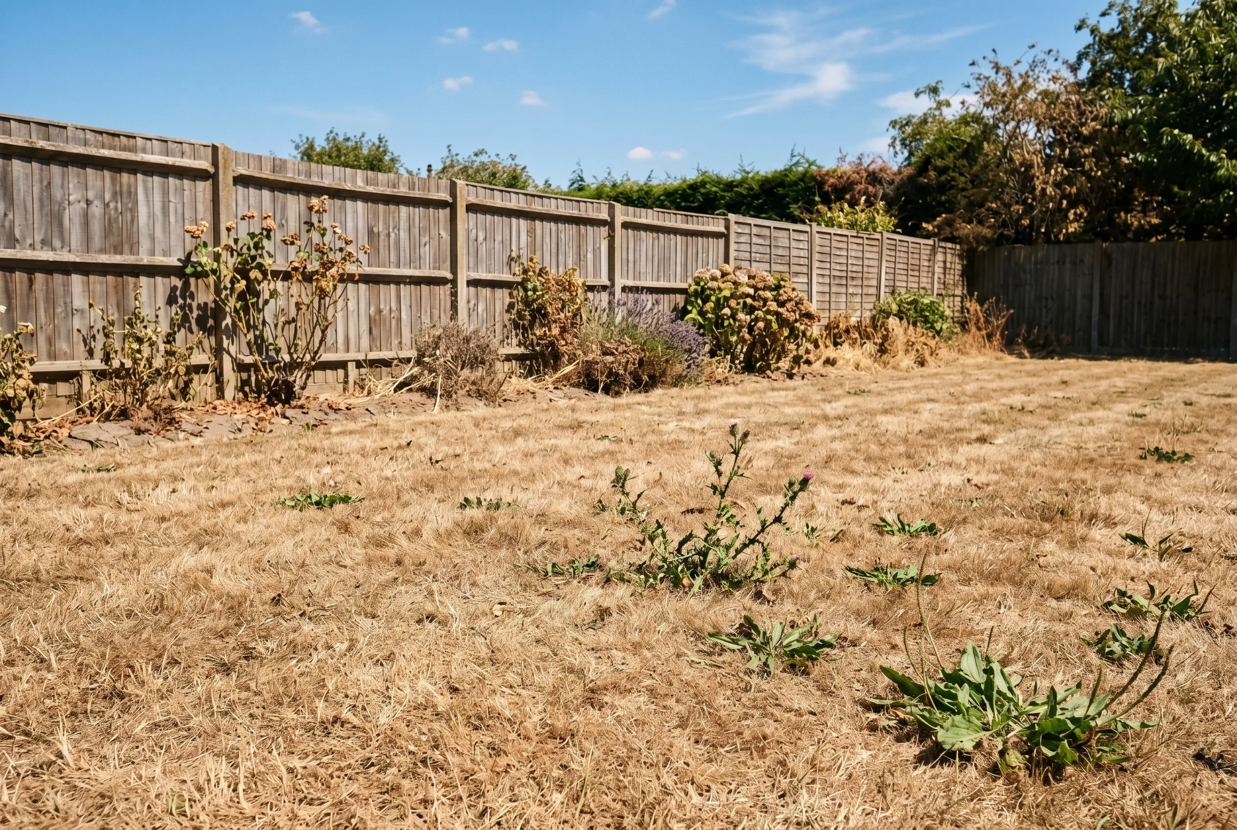 A drought-stressed British lawn turned straw-brown and dormant during a heatwave with a parched border behind