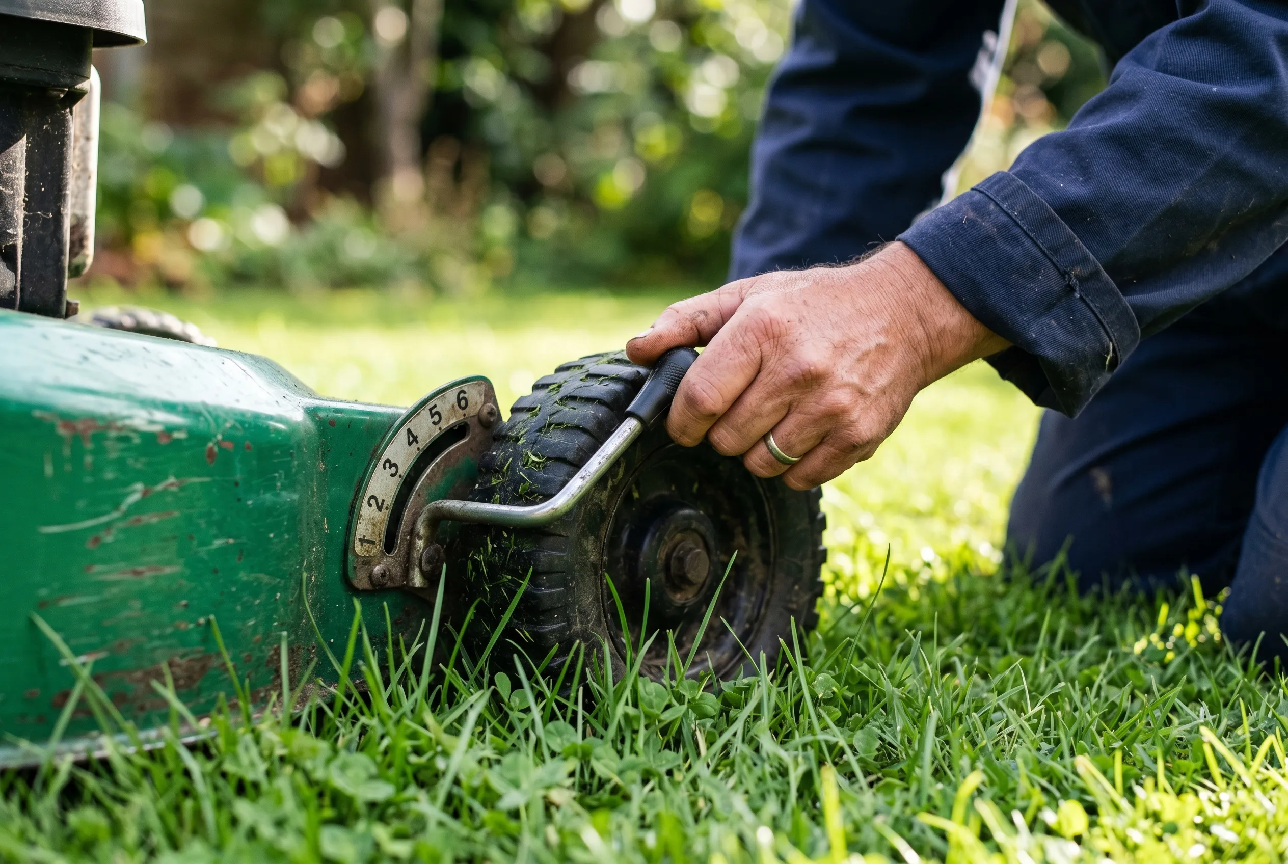 Gardener's hand raising the cutting-height lever on a lawn mower wheel to a high setting