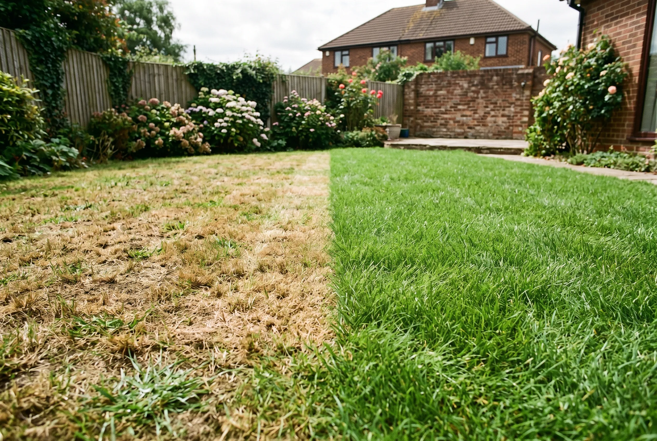 A UK lawn showing a scalped yellow-brown strip beside higher-cut green grass