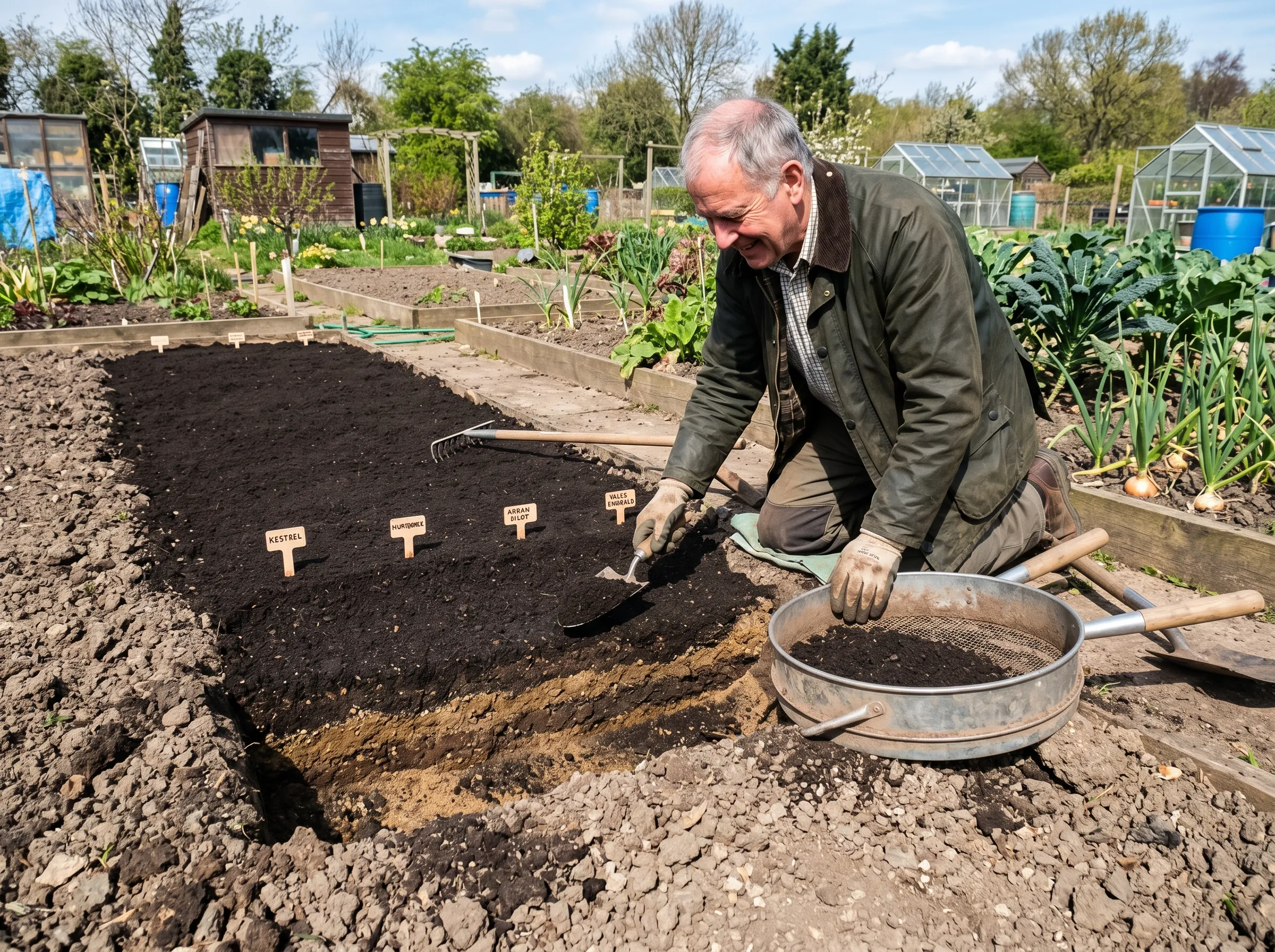 UK gardener preparing a deep show-potato bed in spring - 60cm dug out, replaced with a fine sieved mix of dark compost, loam and pale sharp sand, the surface raked smooth, plant labels marking variety positions