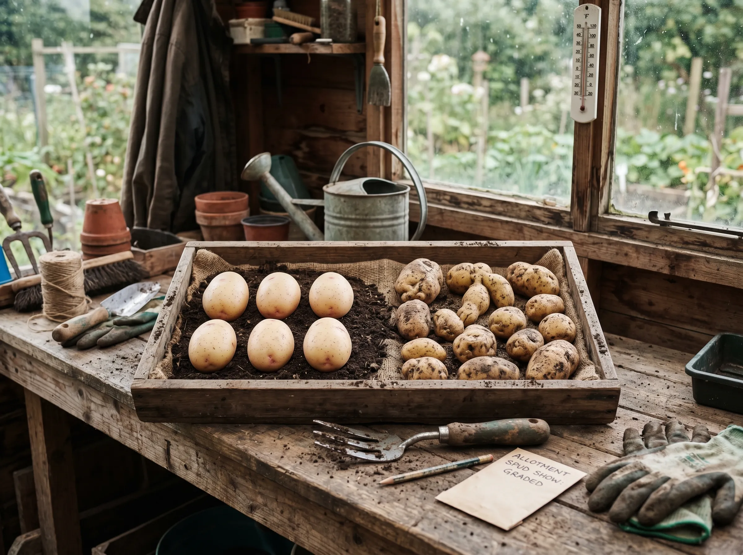 UK allotment shed bench with a tray of recently lifted potatoes - some perfect ovals, some forked and knobbly, others scabby, demonstrating the difference between show-grade and reject tubers laid out side by side for comparison