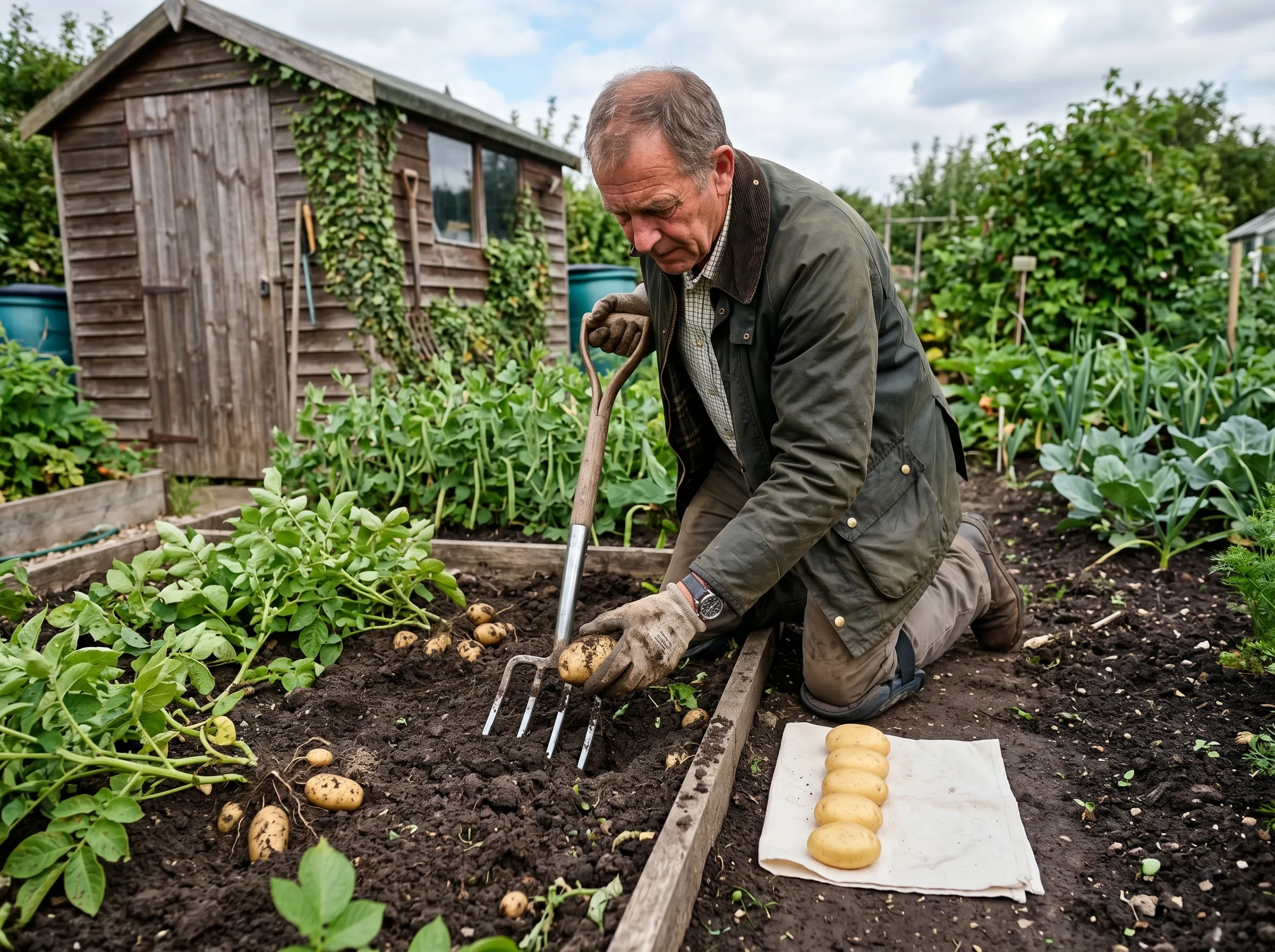 UK gardener lifting show potatoes carefully with a fork in a deep dug bed, six tubers laid out on a soft cloth on the ground showing perfect oval shape and clean skin, garden shed and show schedule notebook visible