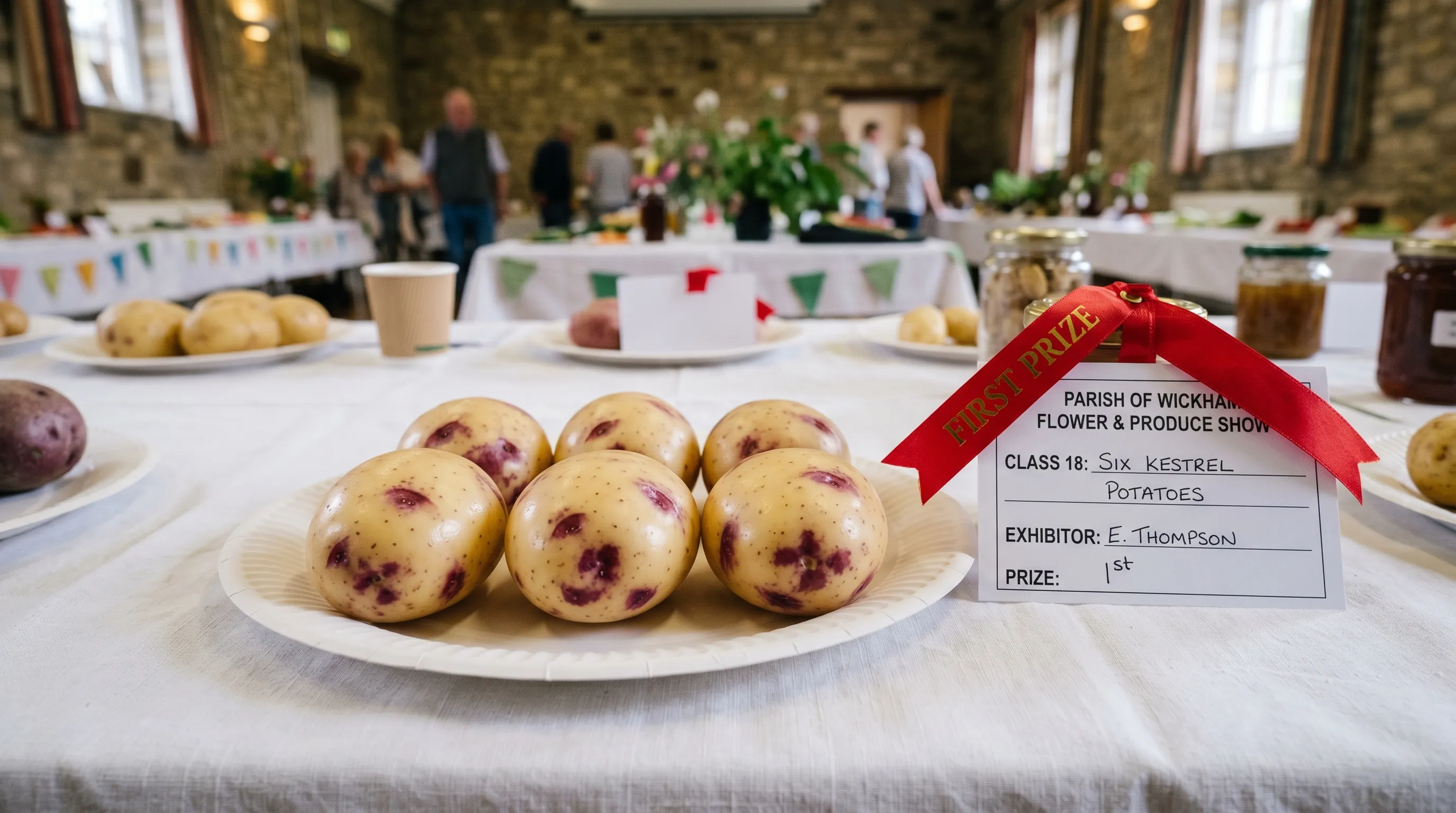 UK village hall show display with a plate of six perfect uniform Kestrel show potatoes - oval, white-skinned with purple eyes, polished and labelled with a prize card