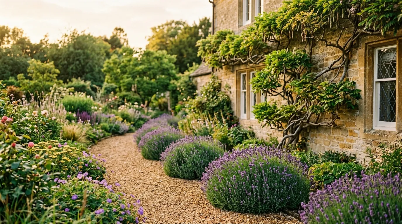 A UK summer border in late July with freshly pruned lavender plants in tidy domes and a wisteria trained along a Georgian house wall