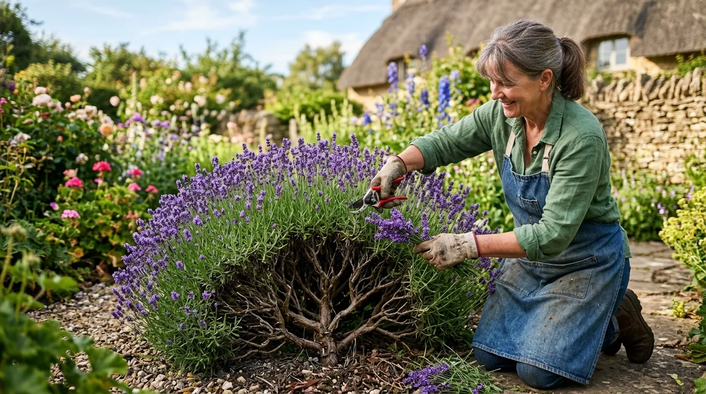 Editorial photograph of a UK gardener using bypass secateurs to prune a Hidcote lavender into a tidy dome shape on a sunny late July afternoon, with the woody base clearly visible