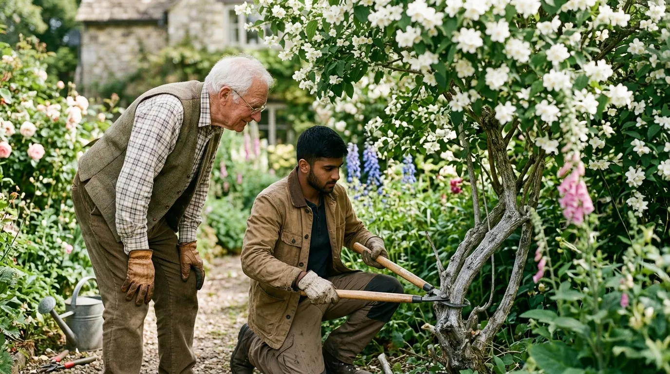 Editorial photograph of an elderly white British gardener and his Indian British apprentice using loppers to remove an old grey stem at the base of a Philadelphus coronarius shrub in late June, with white blossom on the remaining stems