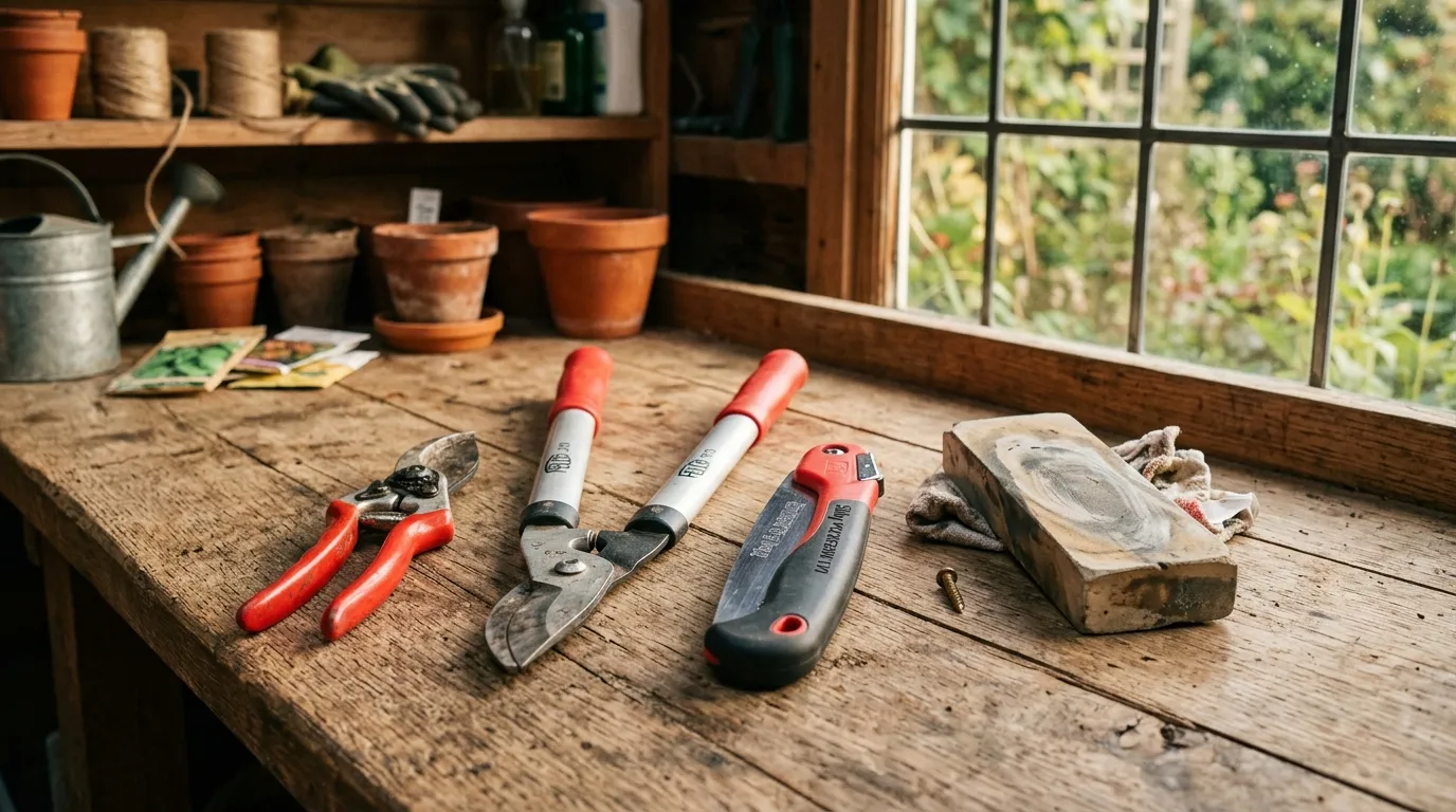 Editorial photograph of Felco bypass secateurs, a pair of loppers and a Silky Pocketboy folding saw laid on a wooden workbench beside a ceramic sharpening stone, in a UK garden potting shed