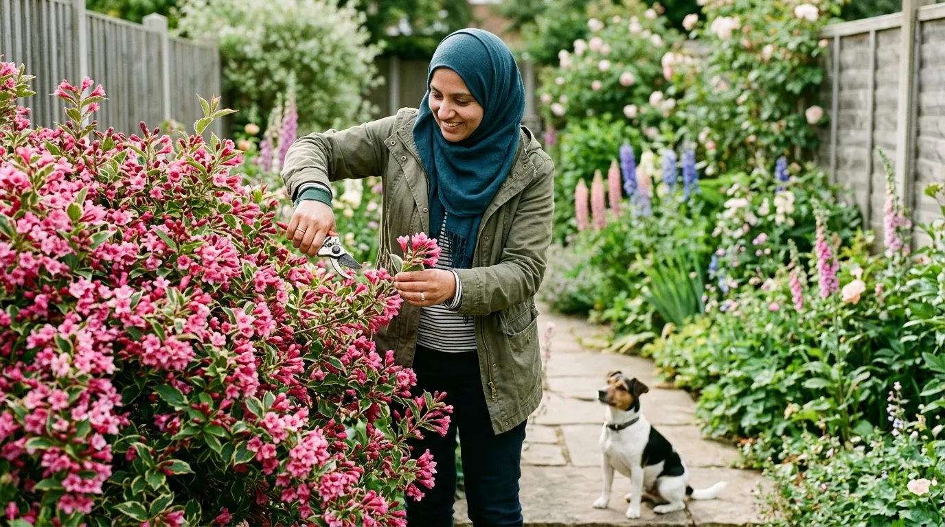 Editorial photograph of a Muslim British woman with a hijab using sharp secateurs to tip-prune a Weigela florida shrub in full pink flower in a UK suburban back garden in June, with a small terrier dog watching from a path