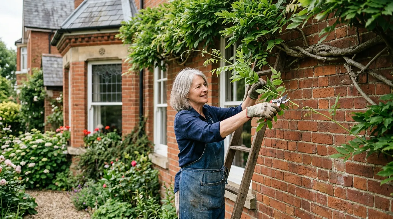 Editorial photograph of a mature wisteria trained across a Victorian red brick UK house wall in mid-July, a gardener cutting whippy new growth back to 5 to 6 buds with bypass secateurs