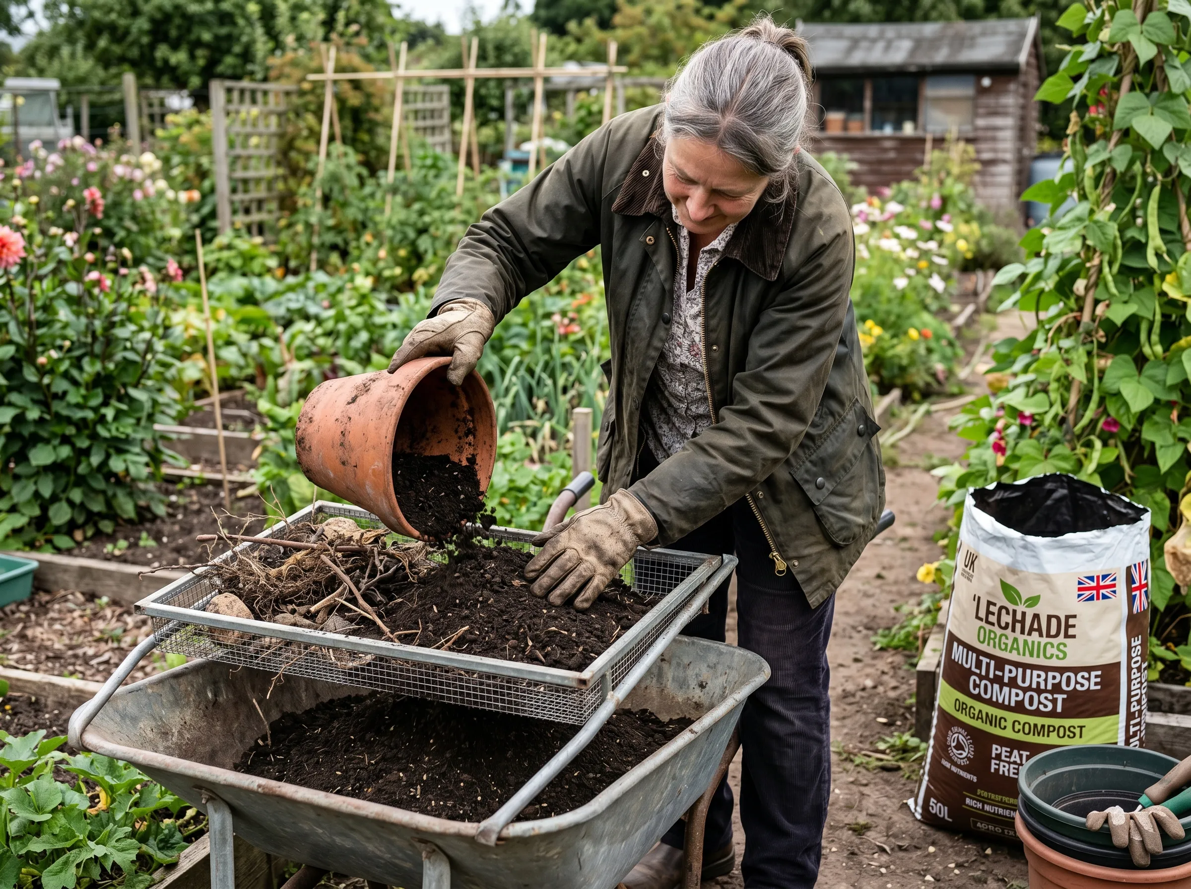 UK gardener emptying a pot of spent compost onto a sieve over a wheelbarrow, dark crumbly compost being pushed through a 10mm garden riddle with old roots and crumbs of cardboard being held back, fresh compost bag waiting beside