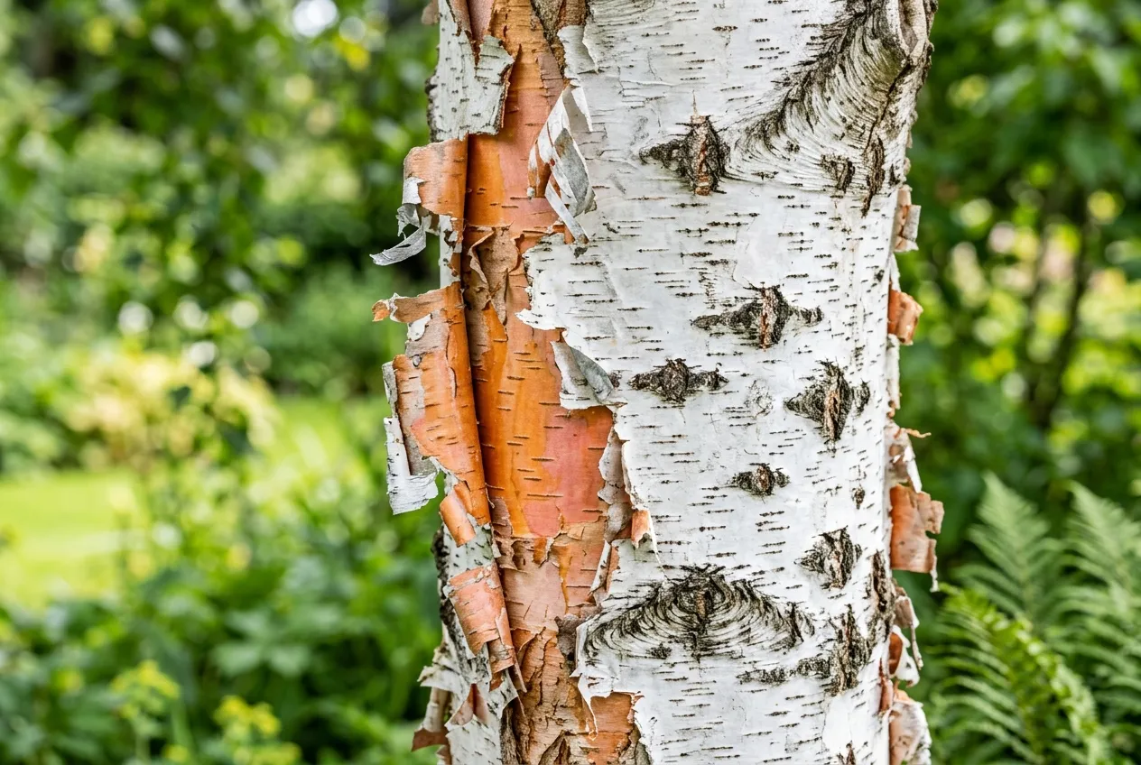 Silver birch white peeling bark detail in winter sunlight in a UK garden