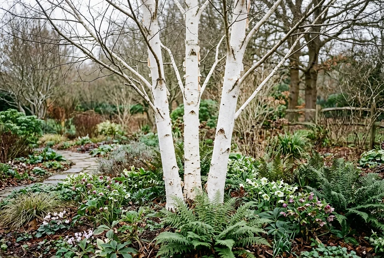 Silver birch multi-stem specimen planting in a UK garden with white bark focal point