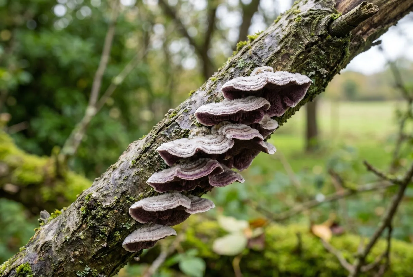 Tiered bracket fungi with a woolly white top and purple-brown underside growing in overlapping shelves on a dead plum branch