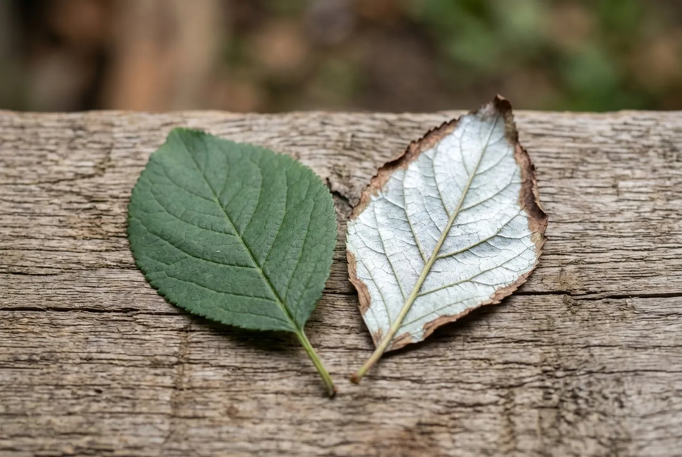 Two plum leaves side by side on weathered wood, a healthy green leaf on the left and a silvery sheened leaf with browning margins on the right