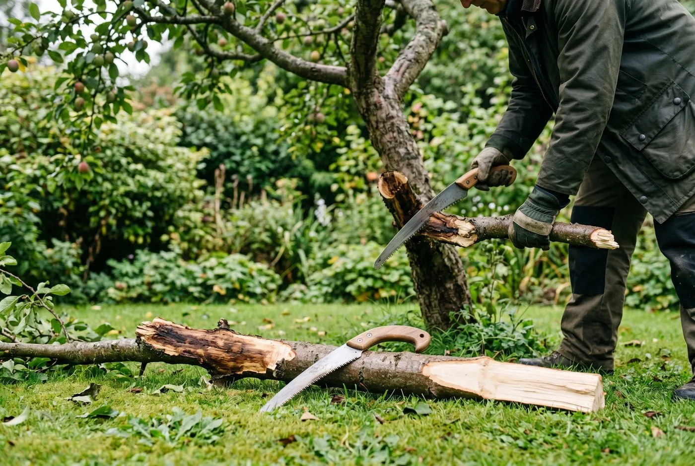 A gardener sawing out an infected plum branch, the cut branch on the grass showing brown discoloured wood at one end and clean pale wood where the second cut was made