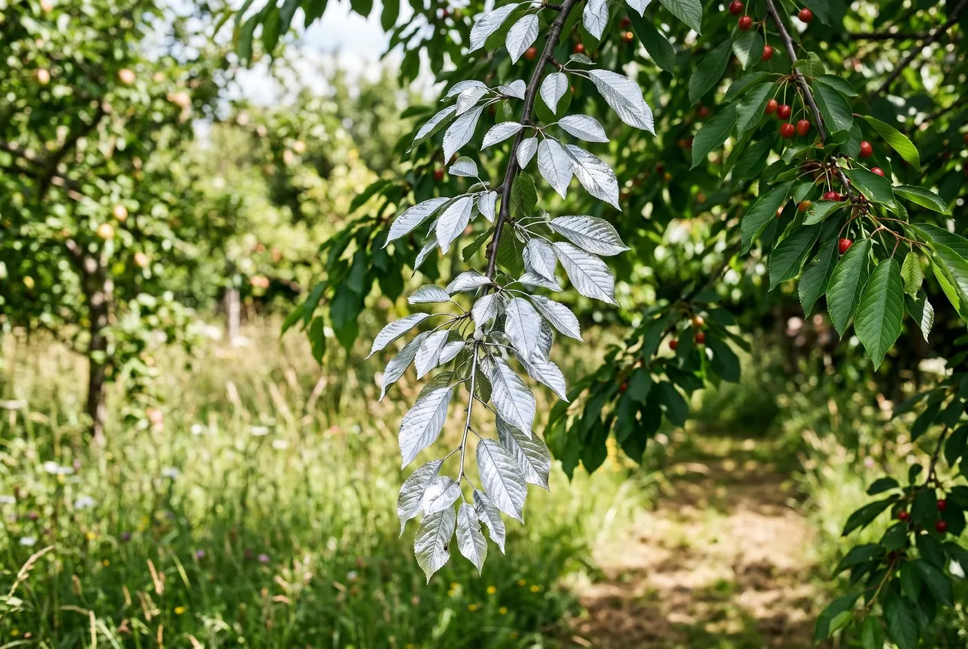 A single plum branch showing silvery metallic-sheened leaves typical of early silver leaf disease against healthy green foliage