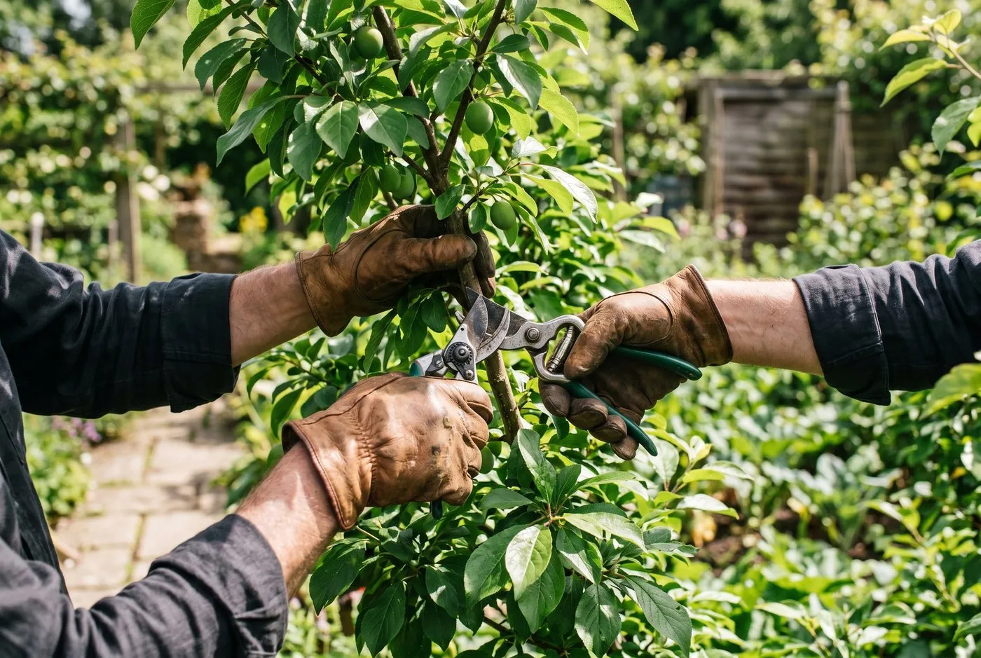 A gardener making a clean summer pruning cut on a leafy green plum branch with sharp bypass secateurs in dappled June sunlight