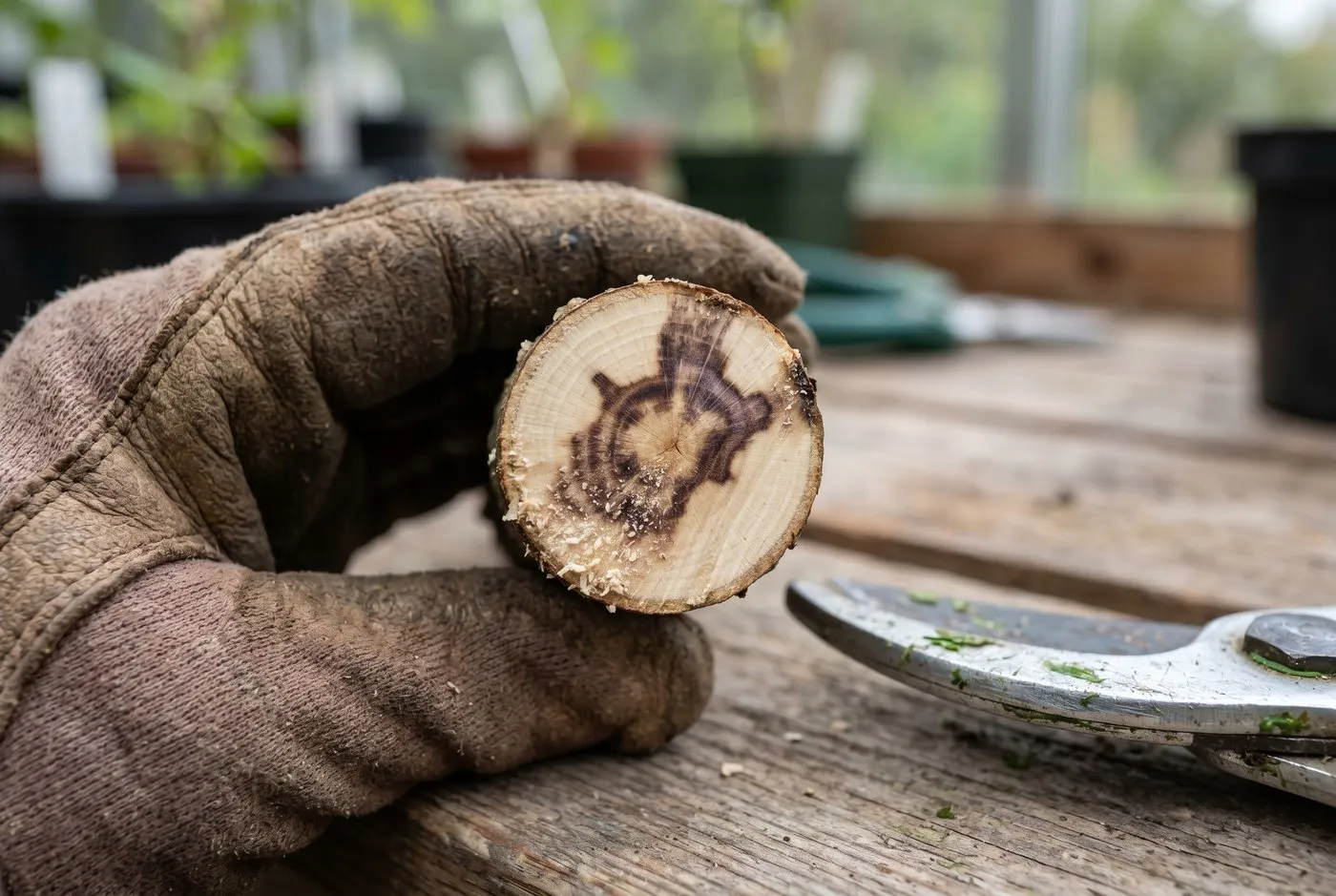 A freshly cut cross-section of a plum branch revealing a dark brown and purple internal stain spreading through the pale wood, the sure sign of silver leaf disease