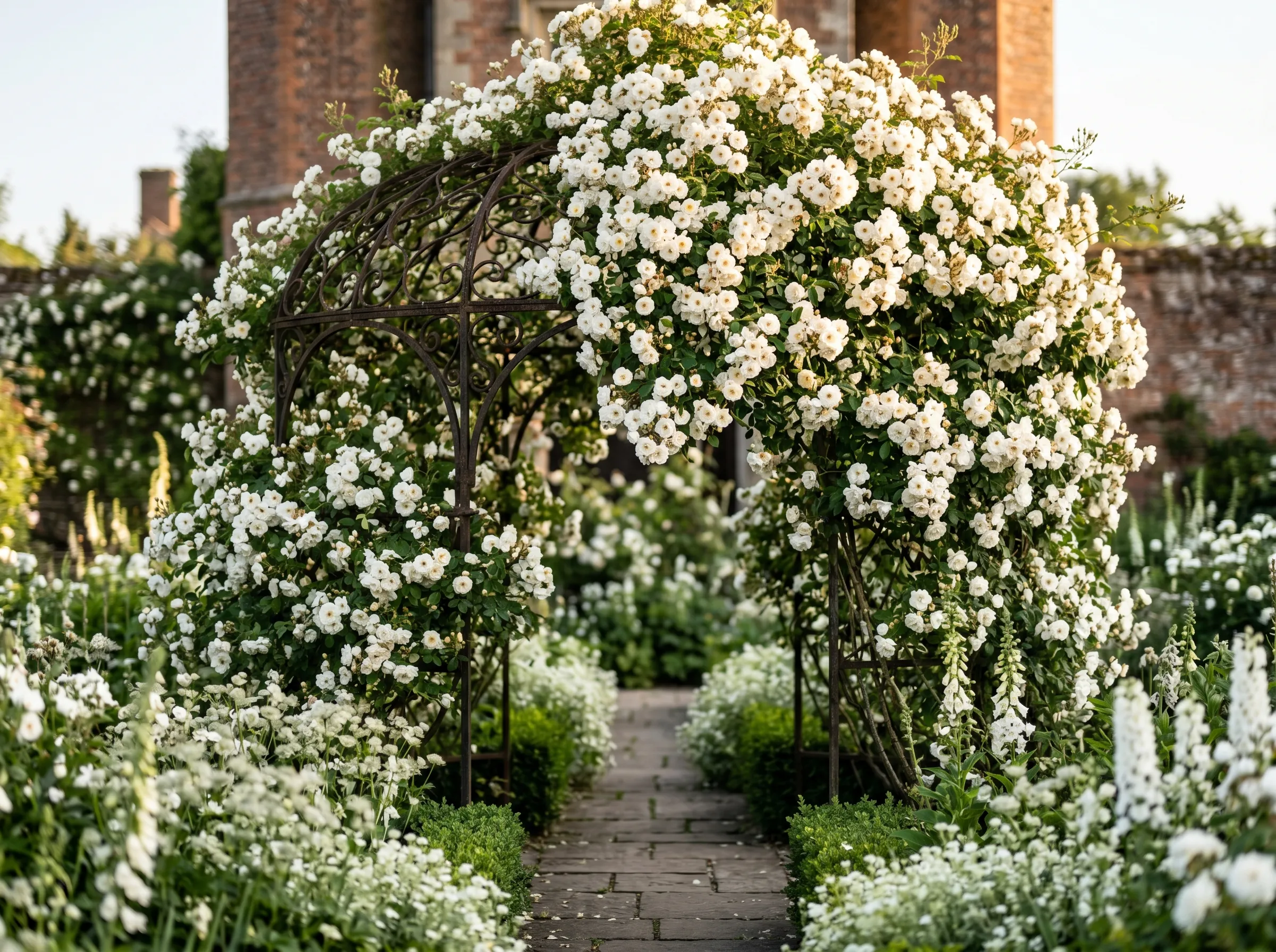 Close-up of the central iron rose arbour at Sissinghurst's White Garden with Rosa Mulliganii in heavy white bloom cascading over the structure, soft afternoon light, visitors visible in soft focus in the background