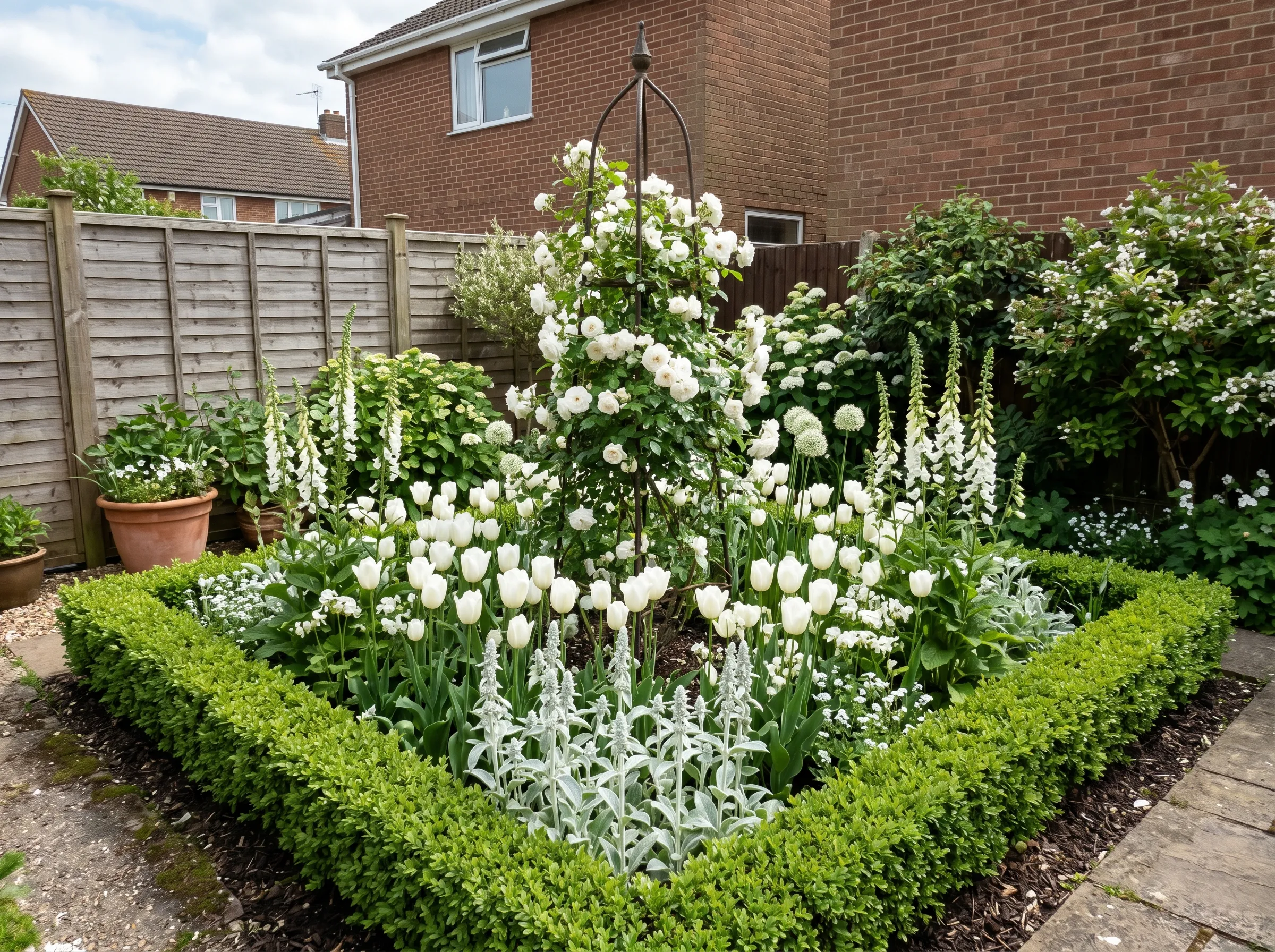 UK suburban garden bed implementation of Sissinghurst principles - small box-edged 2m by 3m bed with central iron obelisk supporting a white climbing rose, surrounding planting of white tulips silver Stachys white foxgloves and the scaled-down composition that works in a typical UK back garden