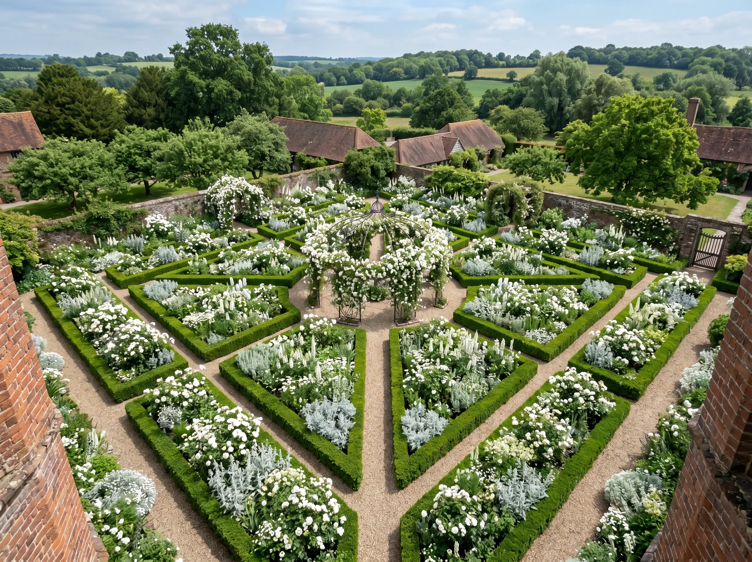 Top-down view from the tower at Sissinghurst Castle looking onto the White Garden showing the box-edged geometric beds the central rose arbour and the colour scheme entirely in white and silver foliage tones, the iconic view